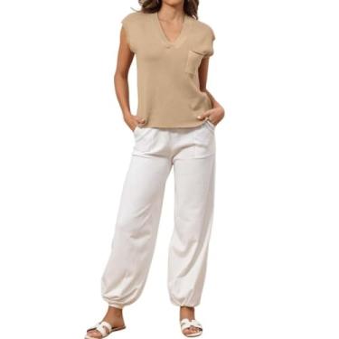 Imagem de Remelon Conjunto de suéter feminino de duas peças, blusa de malha com pulôver, cintura alta e calça combinando, Cáqui Branco, X-Large