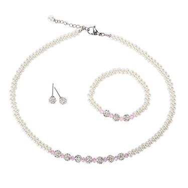 Imagem de LZMEI Colar de pérolas de imitação de vidro branco 36,8 cm de 5 mm brinco de cristal de imitação de cristal rosa joias 3 conjuntos de presentes para mulheres meninas, Vidro, Sem Pedra Preciosa