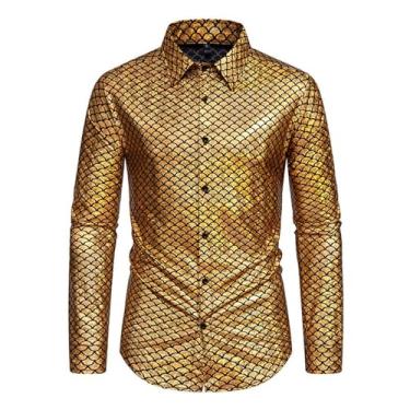 Imagem de Camisa masculina casual estampada manga comprida bronze camisa abotoada banquete performance camisa, Ouro, XXG