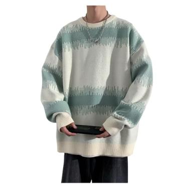 Imagem de Camisa masculina de malha contrastante com gola redonda, suéter fino com borda canelada, Bege, G