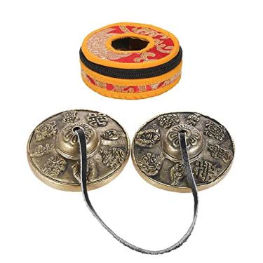 Imagem de Sino tibetano Heysland Tingsha para pratos de 2,6 pol/6,5 cm feito à mão para ioga com sinos de meditação com bolsa oito símbolos auspiciosos, HL03B