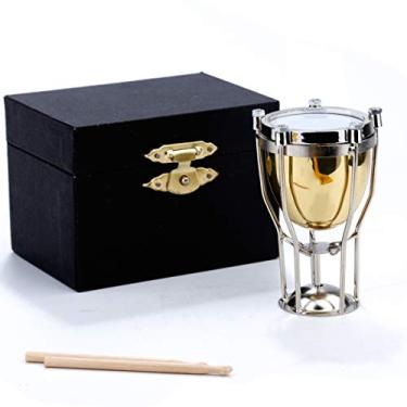 Imagem de Dselvgvu Miniatura de Tímpanos com suporte e estojo de latão réplica de mini instrumento musical estatuetas colecionáveis, acessórios de casa de bonecas, decoração de casa, ornamentos de exibição (6,5