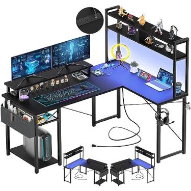 Imagem de Aheaplus Mesa de jogos pequena em forma de L com luzes LED e tomadas, mesa de computador reversível em forma de L com suporte para monitor e prateleira de armazenamento, mesa de canto para escritório