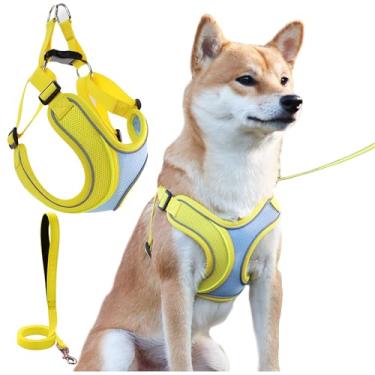 Imagem de Arnês para cães sem puxão, conjunto de coleira para todos os climas, malha acolchoada macia, refletiva, formato X, ajustável, peitoral para cães pequenos e médios, gato grande, PP, amarelo