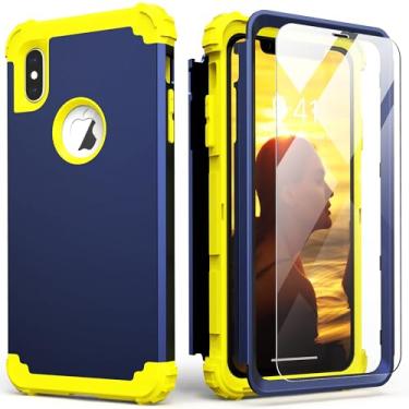 Imagem de IDweel Capa para iPhone Xs Max com protetor de tela (vidro temperado), absorção de choque 3 em 1, capa rígida de policarbonato rígido, amortecedor de silicone macio, capa durável, azul marinho/amarelo