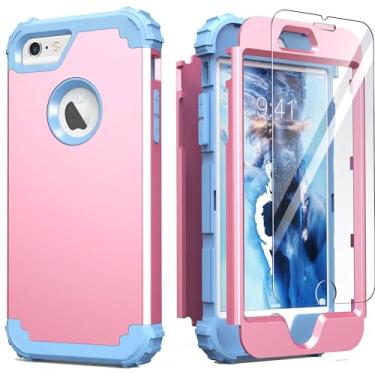 Imagem de IDweel Capa para iPhone 6S, capa para iPhone 6 com protetor de tela (vidro temperado), 3 em 1, absorção de choque, capa protetora de corpo inteiro de silicone macio para meninas, rosa/azul claro