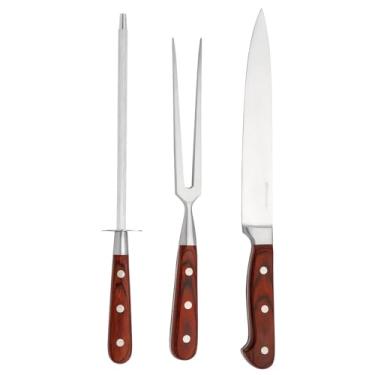 Imagem de Jogo de 3 Peças (Faca, Garfo e chaira) Hanzzo Wood em aço inox forjado