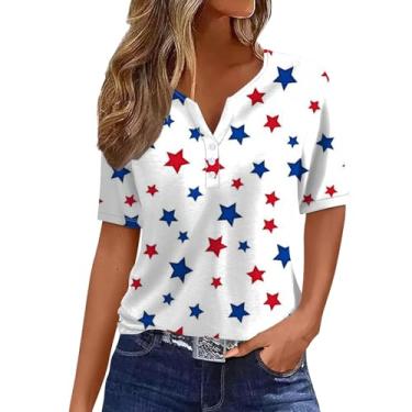 Imagem de Camisetas femininas patrióticas de verão 4 de julho com listras estrelas, dia da independência, festival, gola V e botão, Caqui, M