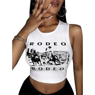 Imagem de Hilinker Camiseta regata feminina de verão, sem mangas, estampada, estampada, canelada, básica, cropped, Rodeio branco, M