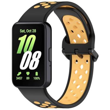 Imagem de Eiavike Pulseira esportiva de silicone para Samsung Galaxy Fit 3 pulseira de reposição porosa respirável em dois tons para Galaxy Fit 3 2024 SM-R390 mulheres e homens (preto e amarelo)