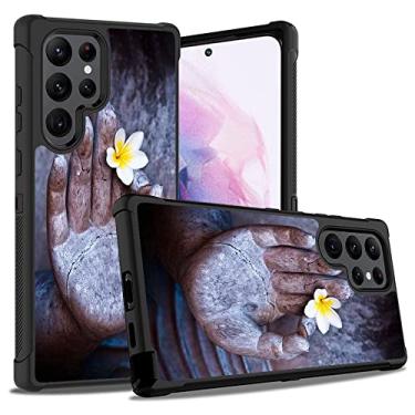 Imagem de ZXHSBROK Capa para Galaxy S22 Ultra, capa resistente de plástico rígido híbrido 3 em 1 e silicone macio à prova de choque para Samsung Galaxy S22 Ultra 5G, flor nas mãos de Buda