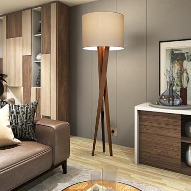 Imagem de Luminária Tripé Cúpula Tecido Palha Bella Premium Moderna Pés Em Madeira Luxo Abajur Quarto Sala