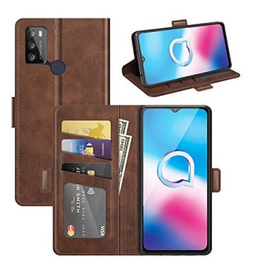 Imagem de Capa para Alcatel 1S 2021, carteira de couro PU premium estilo livro ímã capa de telefone flip dobrável com compartimentos para cartão para Alcatel 3L 2021 capa de telefone (marrom)