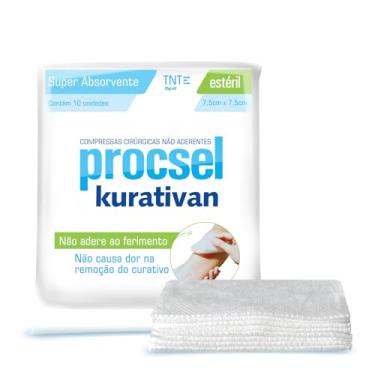 Imagem de Compressa Cirúrgica Não Aderente Procsel Kurativan Estéril, 7,5cm x 7,5cm, Pacote com 10 Unidades, Kit com 12 Pacotes