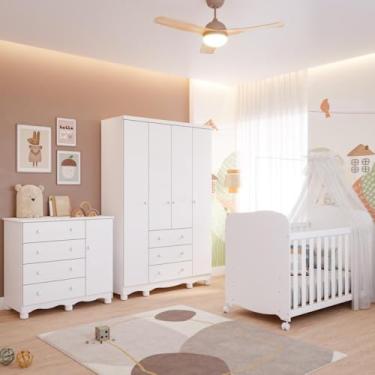 Imagem de Quarto Bebê Completo Berço Americano Uli Guarda Roupa 4 Portas Cômoda 1 Porta Junior 100% Mdf Branco Brilho
