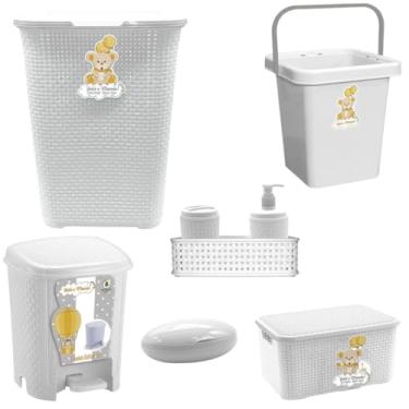 Imagem de Kit Caixa Organizadora Cesto de roupas Rattan bebê Balde Lixeira Saboneteira - Menino ou Menina (branco)