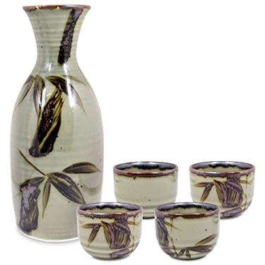 Imagem de Product of Gifu Japan Conjunto de saquê japonês, 1 garrafa de garrafa Tokkuri e 4 copos Ochoko copos de saquê de cerâmica, conjunto de 5 peças, Mashikodake verde