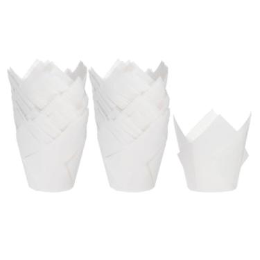 Imagem de HARFINGTON 100 peças de forros de cupcake de tulipa copos de papel padrão para assar embalagens à prova de gordura descartáveis para banquetes de aniversário, festa branca