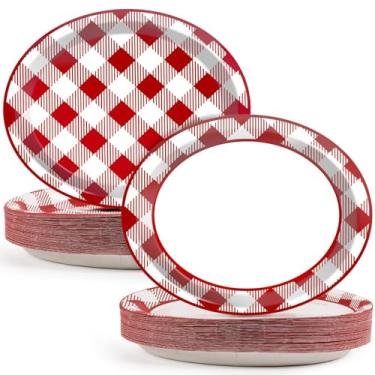 Imagem de 50 peças, pratos de papel ovais xadrez, grande, 28 cm, descartável, vermelho e branco, decorações de festa para churrasco, suprimentos de churrasco de verão, lembrancinha para reunião de piquenique
