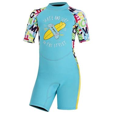 Imagem de DIVE & SAIL Roupa de mergulho infantil de 2,5 mm, térmica, quente, manga curta, proteção UV, roupa de banho curta, roupa de banho elástica azul