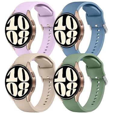 Imagem de AK Pulseiras compatíveis com Samsung Galaxy Watch 6/5/4 de 40 mm e 44 mm, Galaxy Watch 5 Pro Bands de 45 mm, Galaxy Watch 6 Classic, pulseira clássica Galaxy Watch 4, pulseira esportiva de 20 mm ajustável de silicone para Galaxy Watch 6/5/4 mulheres e homens (lavanda, azul, cinza, chá leite/verde pi