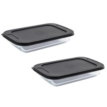 Imagem de Conjunto 2 De Assadeiras De Vidro Refratário Para Forno Retangular De 1,6 Litros Para Servir Travessa Com Tampa Plástica Resistente Escritex