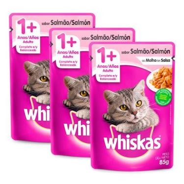 Imagem de Kit 3 Ração Úmida para Gatos Whiskas Adulto 1+ Anos Sabor Salmão ao Mo