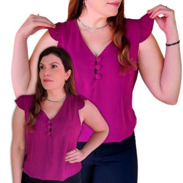 Imagem de Blusa Social Regata Babado Bufante Feminina Botões Tecido Viscolinho -