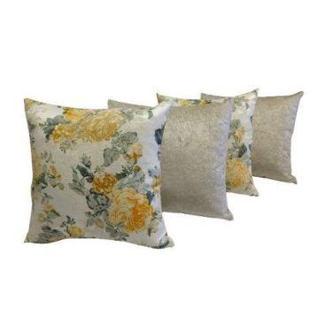 Imagem de Kit 4 Almofadas Decorativas Sued Palha Jacquard Floral Amarelo 45x45 C