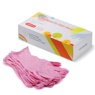 Imagem de Luvas infantis descartáveis, luvas de nitrilo para 4-10 anos – sem látex, grau alimentício, sem pó – para artesanato, pintura, jardinagem, cozinha, limpeza – 100 peças vermelho rosa