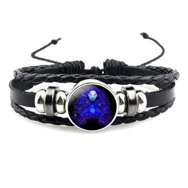 Imagem de ANGLEQUEEN Pulseira de constelação do zodíaco, 12 constelações, signos do zodíaco, guardião, pulseira de couro preto fluorescente para mulheres e homens joias, adjustable, Liga metálica, Sem Pedra