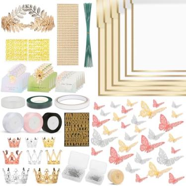 Imagem de Kit de papel de embrulho de buquê de flores, 60 folhas de papel de embrulho, 36 borboletas, 8 coroas, 1 faixa de cabeça, 4 fitas, 15 cartões, 100 alfinetes de diamante, fio floral, 3 adesivos, 3 fitas