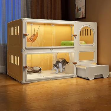 Imagem de Gaiolas para gatos respiráveis para uso interno feitas de resina + PP, casas para gatos internos com caixa de areia para gatos fechada, 6 tamanhos, 2 cores, amarelo + branco, 105 x 45 x 70 cm