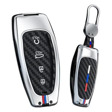 Imagem de HIBEYO Capa de chaveiro compatível com Hyundai Tucson 2021 Solaris Sonata Hybrid Nexo NX4 Santafe Dn8 2020 Acessórios Liga Fibra de Carbono Textura Chave Shell com Chaveiros-4 Botões Prata