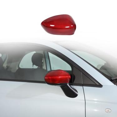 Imagem de Acabamento da tampa do espelho retrovisor do carro compatível com Fiat 500 2010-2024 fibra de carbono real exterior porta lateral traseira proteção proteção acessórios (fibra de carbono vermelha)