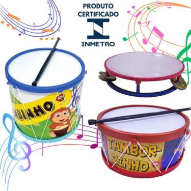 Imagem de Kit Musical Brinquedos Educativo C/3 Instrumentos Tamborzinho Pandeiro