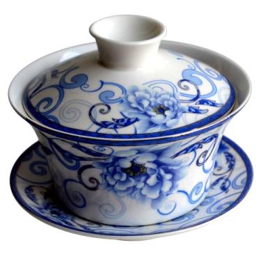 Imagem de Yxhupot Gaiwan Chinês 173 g 255 g Sancai Painted Peony Tureen Taça Tigela Tampa de pires, Red blue wihte, 10oz/300ml