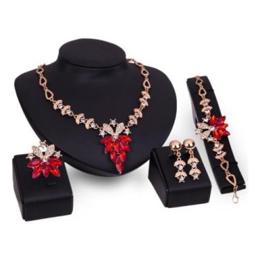 Imagem de Conjunto Colar Brinco Pulseira Anel Dourado Alto Luxo Festa - VALLEN A