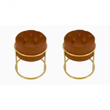 Imagem de Kit 2 Puff Banqueta Estofado Decorativo Base De Ferro Capitonê Suede Terra Cota Eli Móveis E Decoração