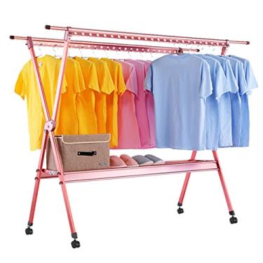 Imagem de Arara de roupas dobrável telescópica haste dupla em forma de X, suporte de roupas de chão de liga de alumínio, com 4 rodízios cabideiro portátil (cor: rosa)