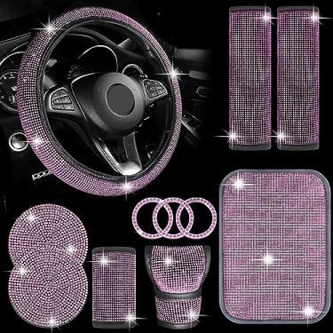 Imagem de MINGZAIQIPEI Conjunto de acessórios de carro com 11 peças, conjunto de acessórios de carro brilhantes para mulheres, capa de volante brilhante para mulheres, ajuste universal, 38 cm, capa de console
