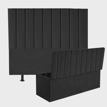 Imagem de Kit Cabeceira Estofada e Calçadeira Baú Recamier Carla 140cm Casal Padrão Corino Preto - Ahz Móveis