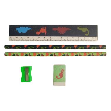 Imagem de Kit Escolar 5 Peças Estampa Dinossauro School Basics — 2 Lápis, Apontador, Borracha e Régua