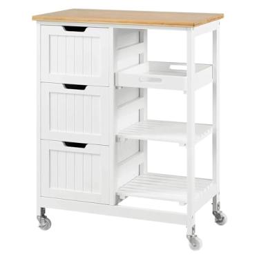 Imagem de Carrinho de Armazenamento Carrinho de ilha de cozinha sobre rodas com armazenamento Carrinho de barra rolante com tampo de madeira maciça e gavetas 3 prateleiras removíveis Carrinho de Armazenamento(B