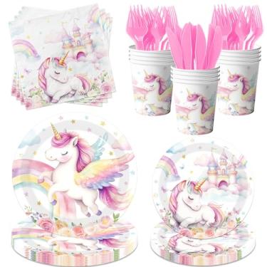 Imagem de Decorações de aniversário de unicórnio, 144 peças de pratos e guardanapos de unicórnio pastel arco-íris unicórnio decorações de aniversário utensílios de mesa para meninas suprimentos de festa de