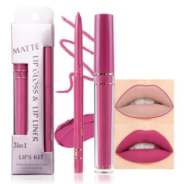Imagem de evpct Conjunto de 2 peças de delineador labial fosco rosa e manchas de brilho para mulheres, conjunto de maquiagem de longa duração, impermeável, 24, kit de batom fosco vermelho rosa com delineador
