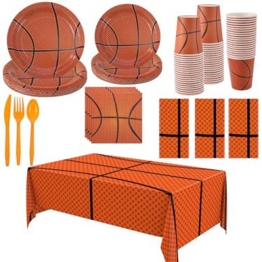 Imagem de Oudain 162 peças de artigos de festa de basquete, conjunto de utensílios de mesa esportivos, toalha de mesa retangular, pratos descartáveis, guardanapos, garfos, facas, copos, colheres, para decoração
