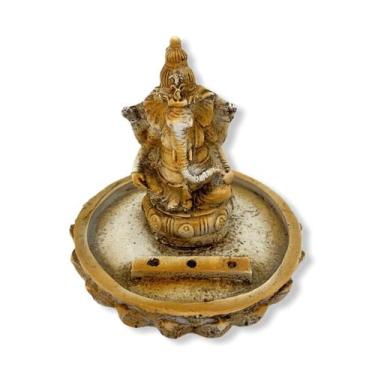 Imagem de Incensario ganesha sentado na flor de lotus patinado 8 cm em resina - 