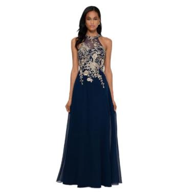 Imagem de Betsy & Adam Vestido feminino curto longo bordado de chiffon frente única, Azul-marinho/dourado, 36