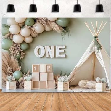 Imagem de XUNJIN NO.1 Pano de fundo para fotografia de barraca de balão de grama dos pampas boêmio para quebra de bolo de 1º aniversário, decoração de festa de fim de ano, pano de fundo de vinil estilo boêmio